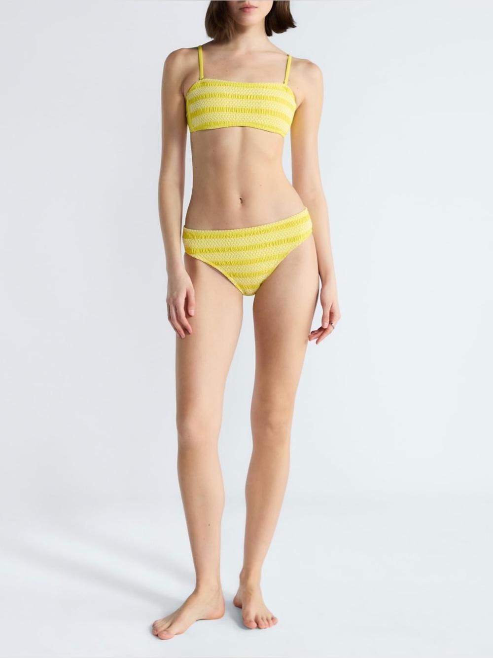 Yellow Textured Bandeau Top with Mid Rise Bottoms Bikini